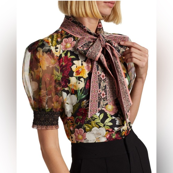Alice + Olivia Tops - Alice + Olivia Brently Floral Tie-Neck Puff-Sleeve Top